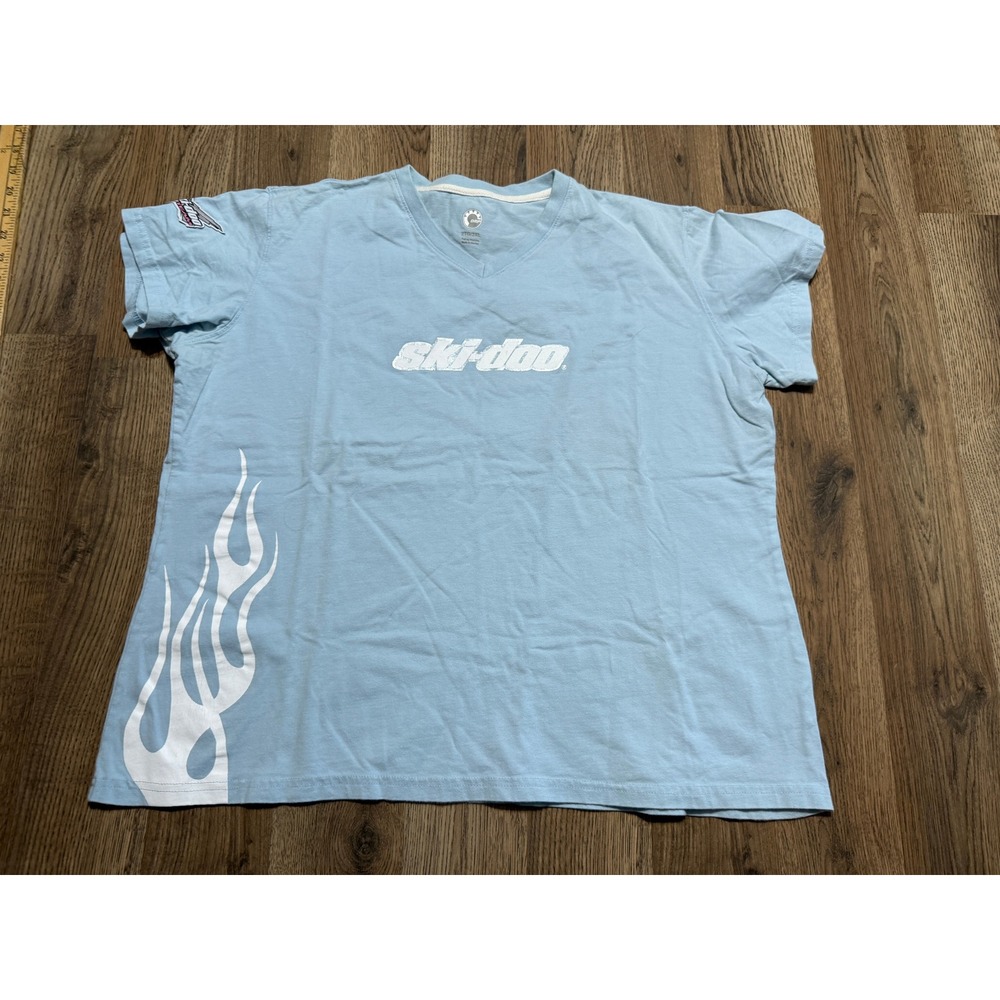 Ski-Doo V-Neck T-Shirt Women 2XL Light Blue Snowmobile Graphic Flame Good